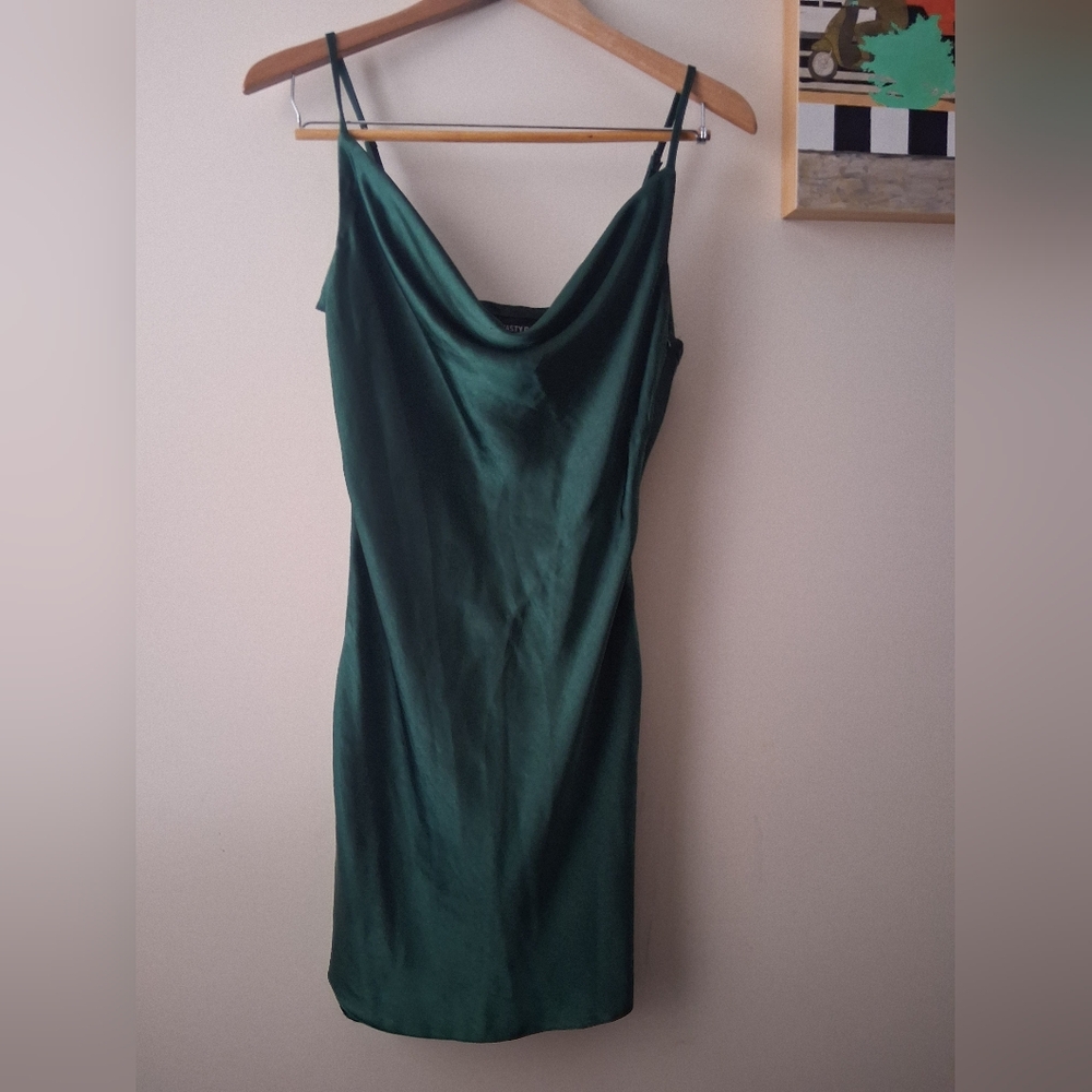 Nasty Gal Cowl Neck Satin Mini Slip Dress Dark Green Backless